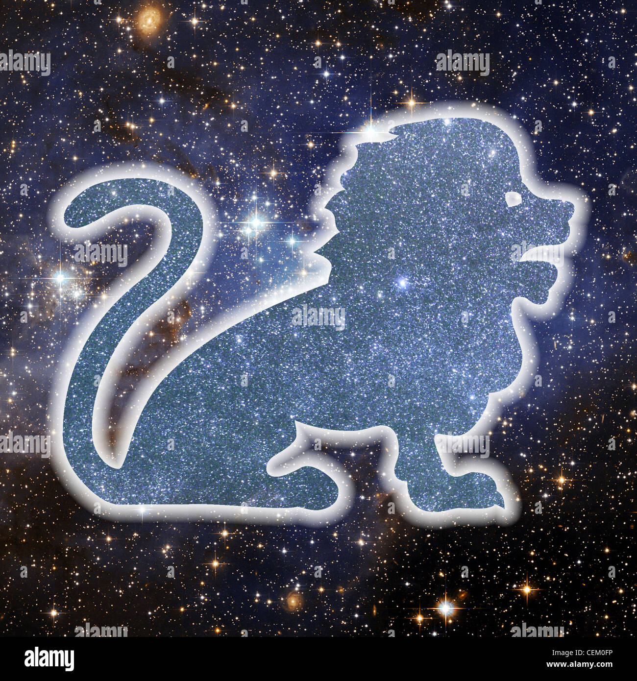 Una illustrazione della silhouette di un leone, fatta di stelle, impostata su uno sfondo di spazio riempito di stelle Foto Stock