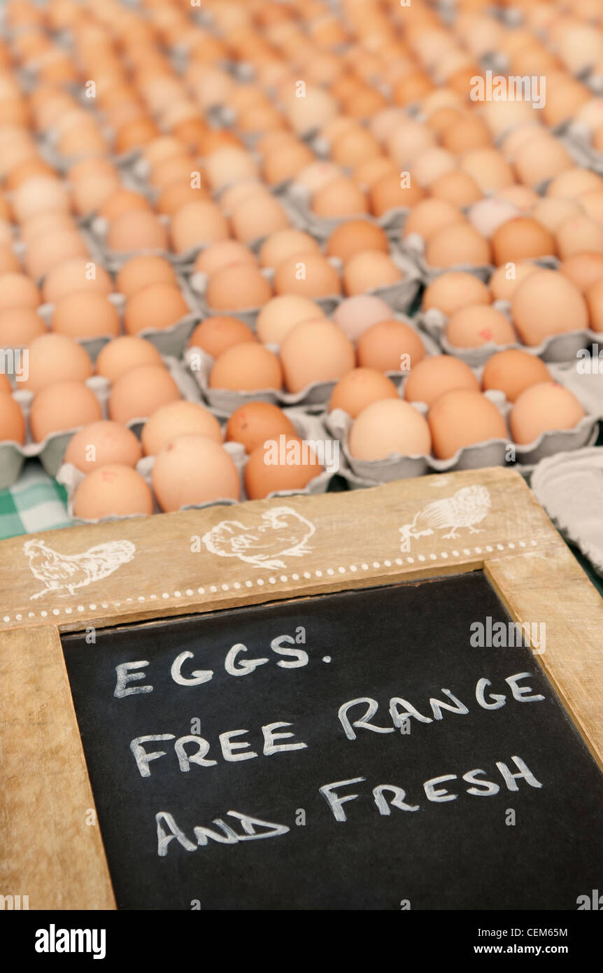 Segno che indica che Le Uova sono gamma libera e Fresche. Borough Market Londra Inghilterra Regno Unito Foto Stock