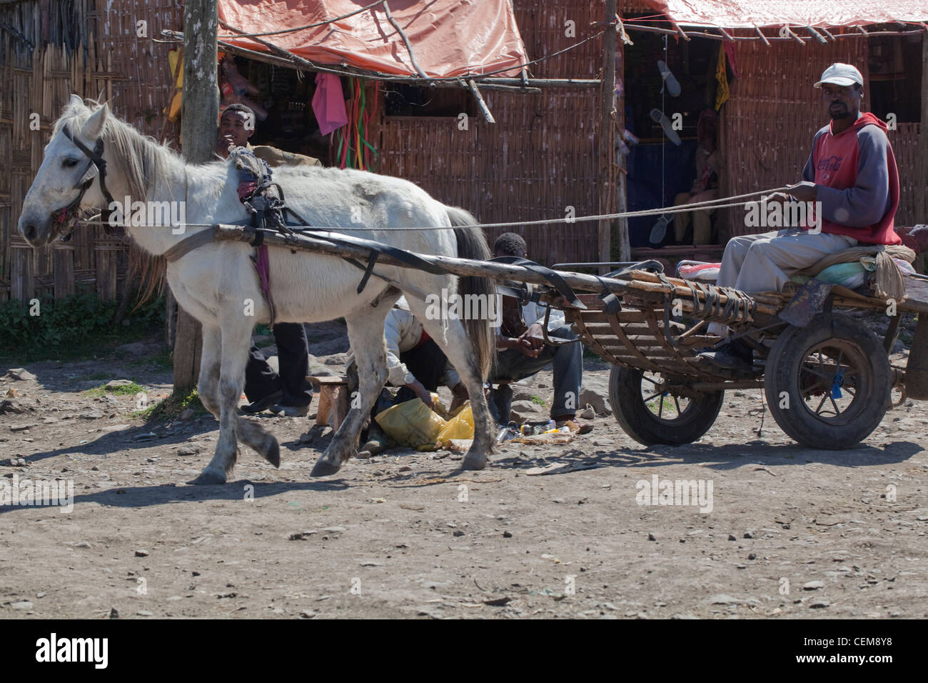 Disegno di cavallo realizzato localmente e carrello proprietario. Città Adaba mercato. Balla regione di montagna. Foto Stock