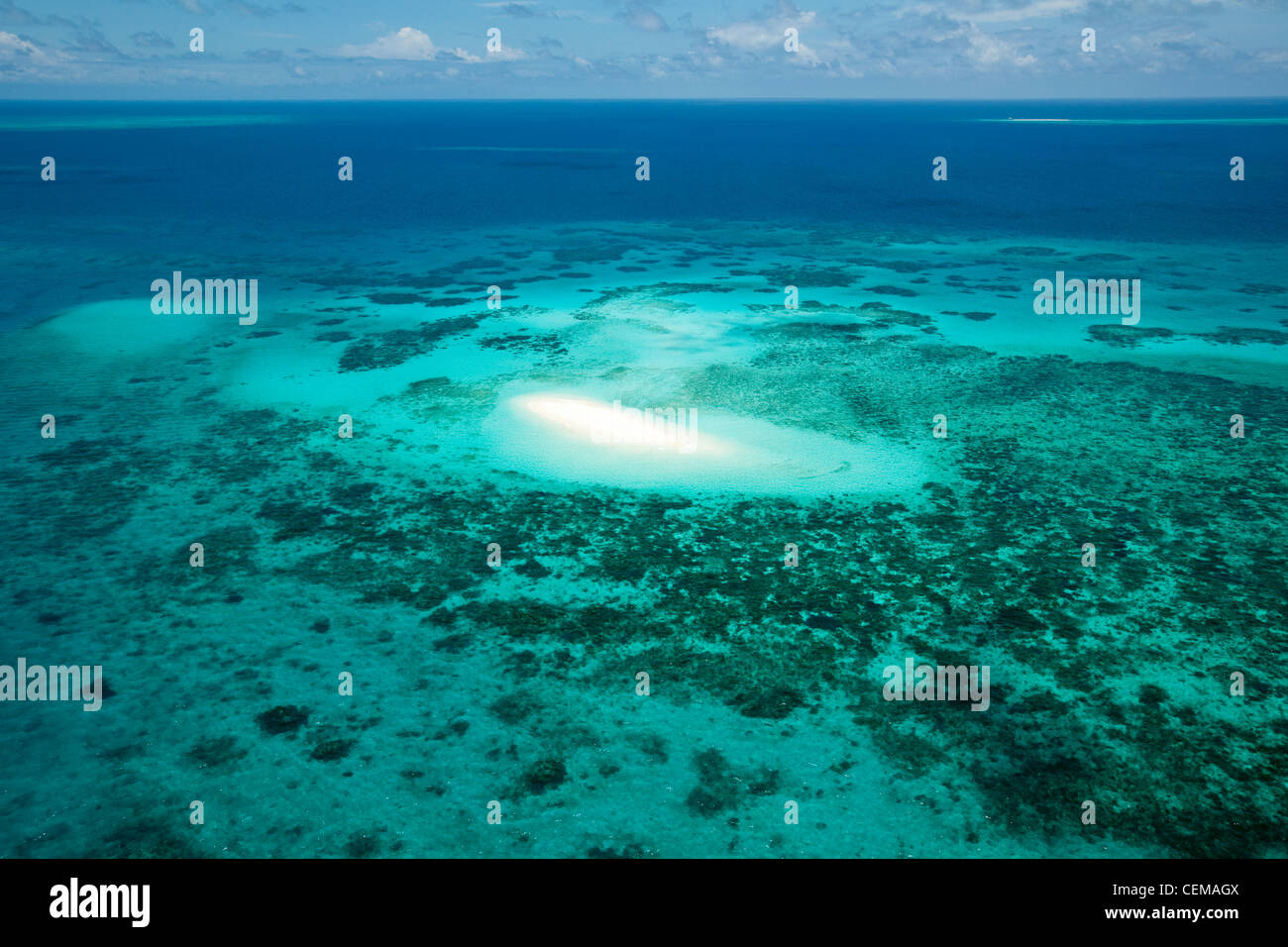 Vista aerea del Vlassof Cay - remote sabbia cay al largo di Cairns. La Grande Barriera Corallina, Queensland, Australia Foto Stock