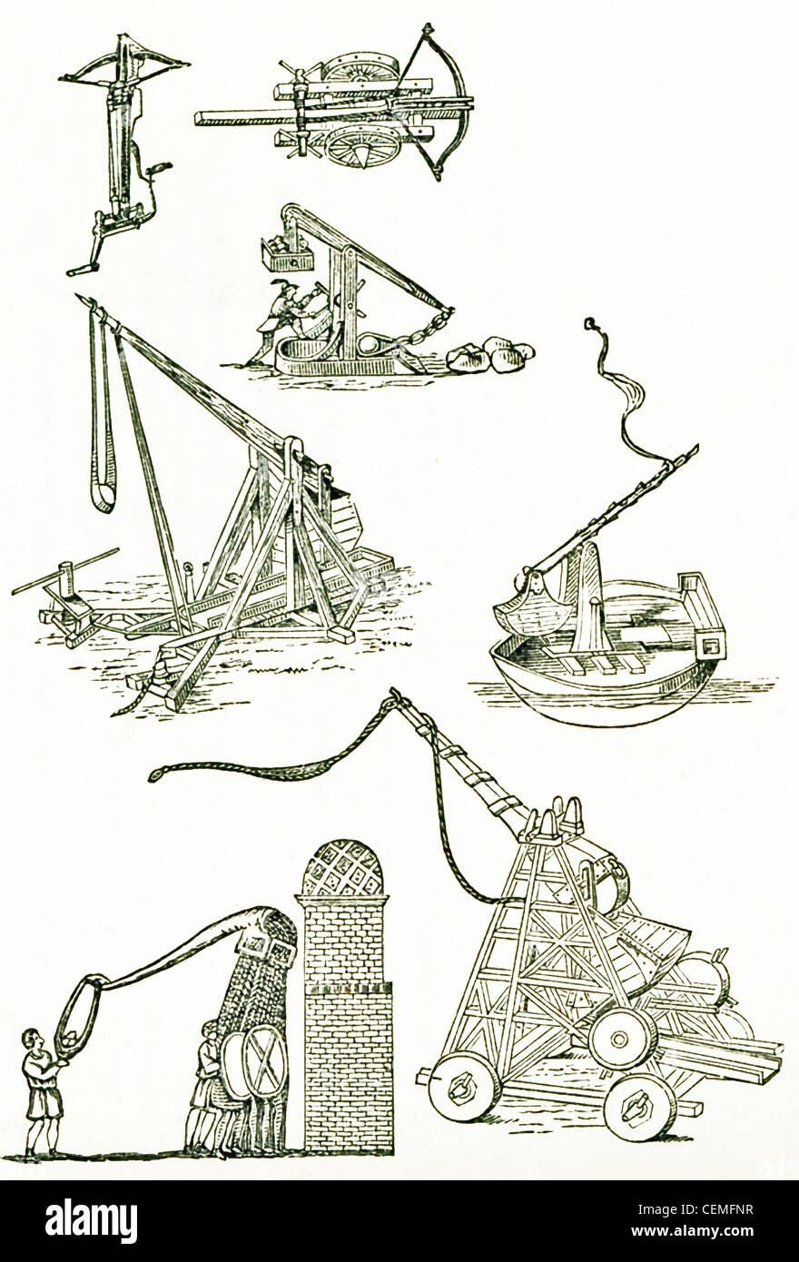 Qui illustrati sono Frank medievale motori di artiglieria. Frank si riferisce alla tribù germaniche della regione del Reno nella prima era cristiana. Foto Stock