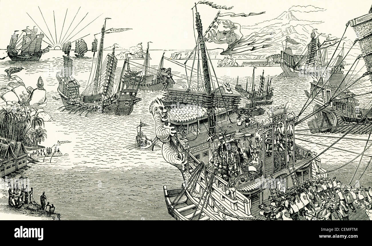 Kublai Khan's fleet passa attraverso l'arcipelago indiano nei viaggi di Marco Polo (1921) da Sir Henry Yule. Foto Stock