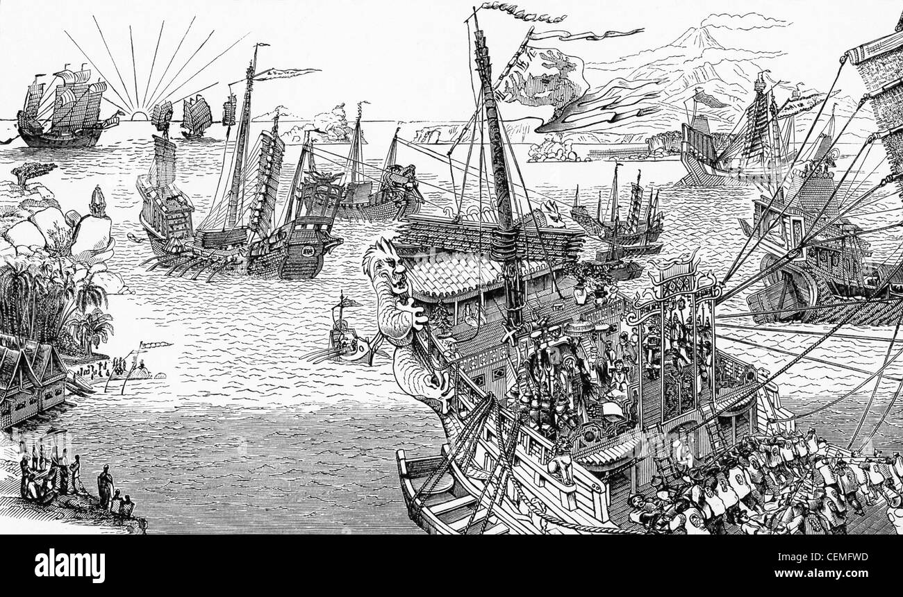 Kublai Khan's fleet passa attraverso l'arcipelago indiano nei viaggi di Marco Polo (1921) da Sir Henry Yule. Foto Stock