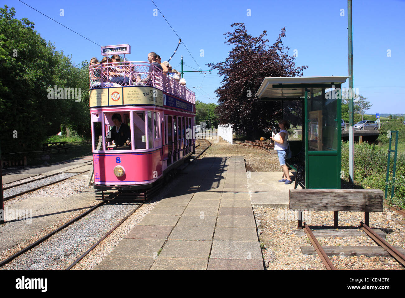 Seaton tram elettrico,a stazione colyford Foto Stock