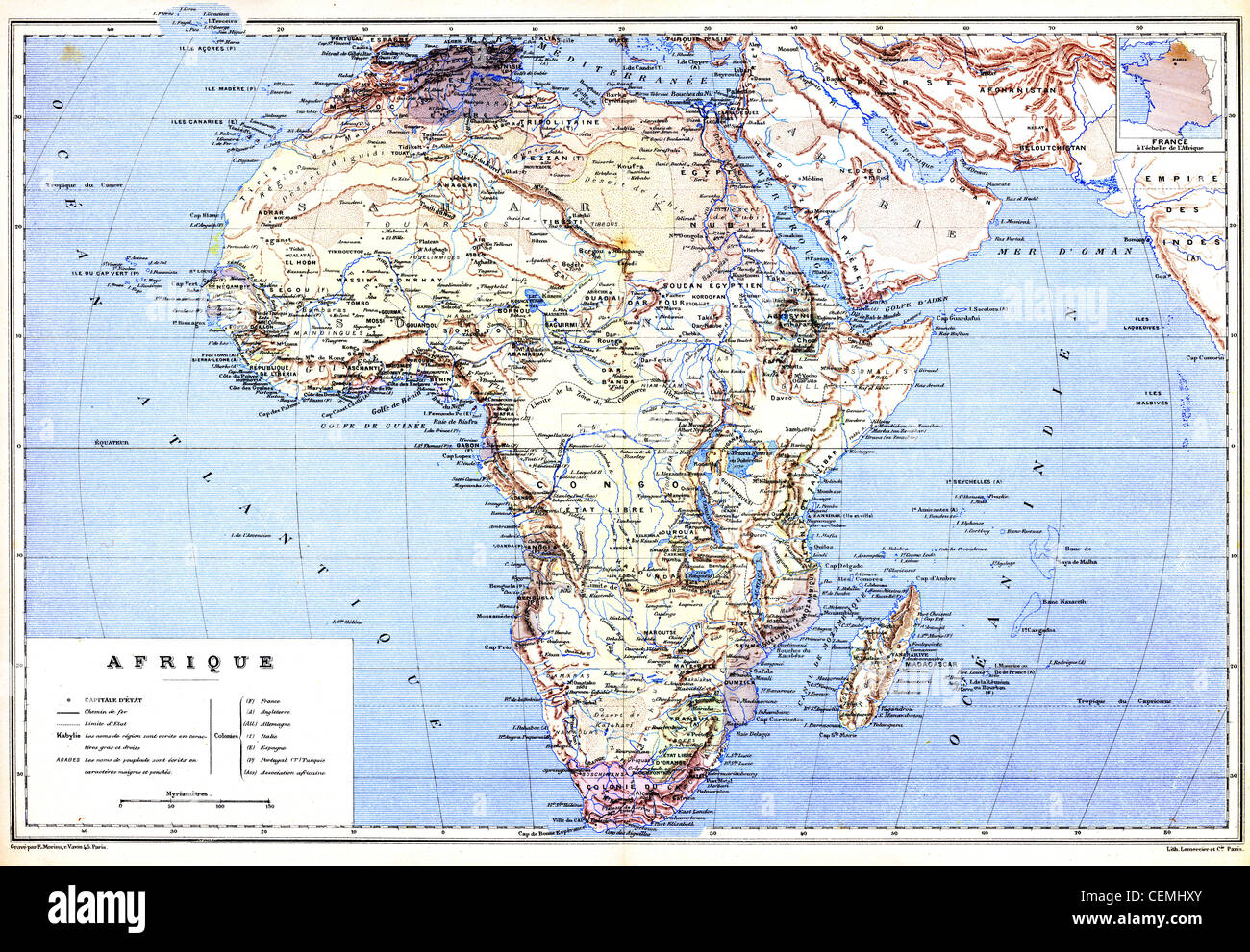 Il planispheric Mappa di Africa con i nomi di città e paesi su di esso. Foto Stock