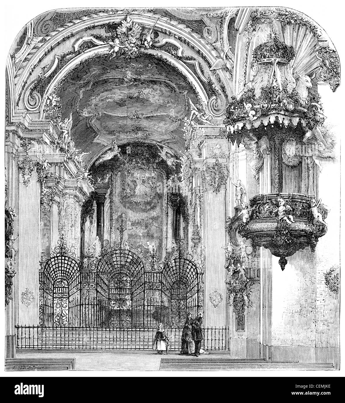 Nostra Signora degli eremiti (Einsiedeln, Svizzera), vintage illustrazioni incise. Magasin pittoresco 1875. Foto Stock