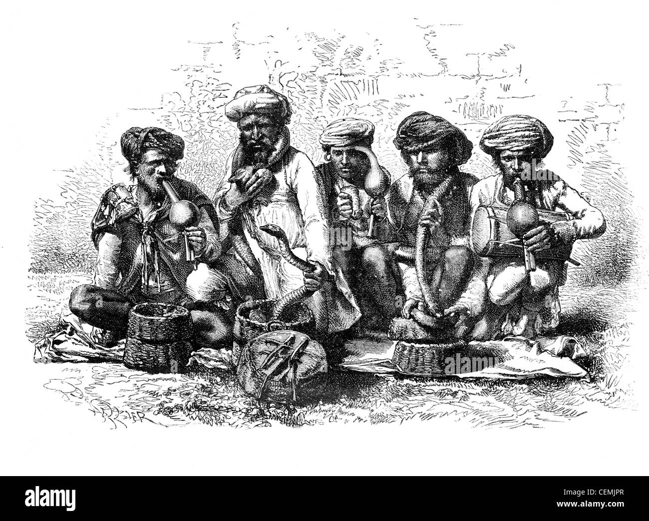 Incantatori di serpenti di India. - Disegno Sellier, vintage illustrazioni incise. Magasin pittoresco 1875. Foto Stock
