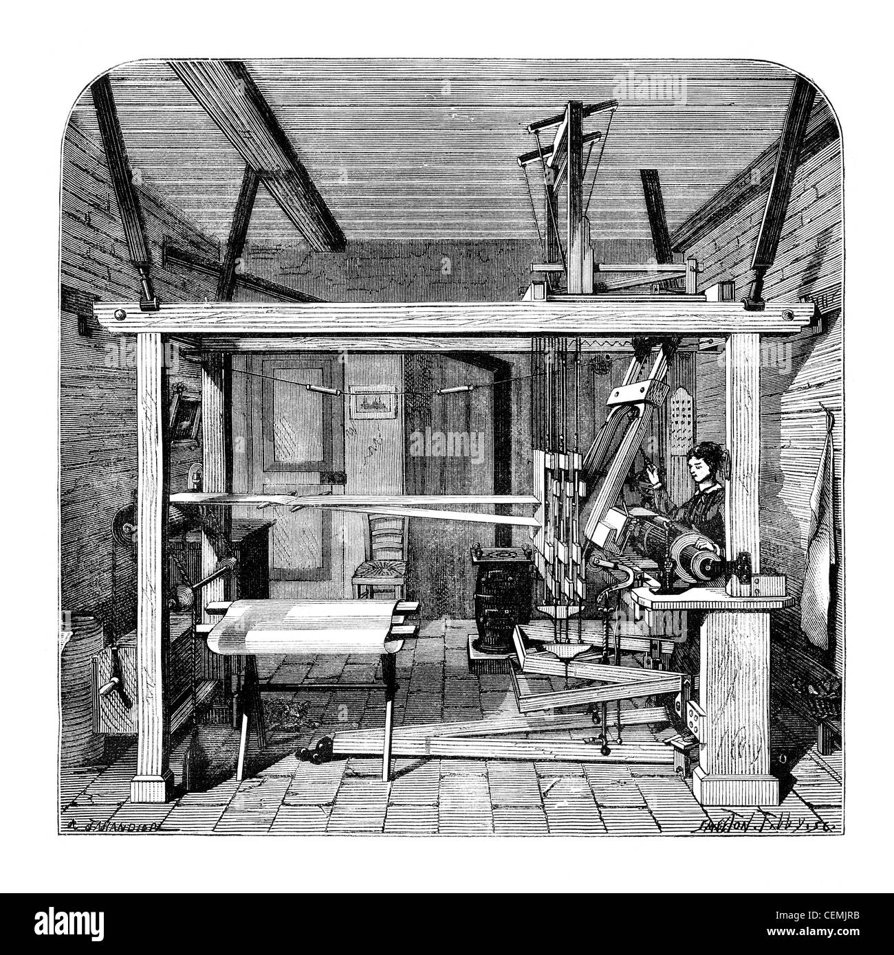 Laboratorio di tessitura a Lione. - Disegno Jahandier, dopo Victor Grilat, vintage illustrazioni incise. Magasin pittoresco 1875. Foto Stock