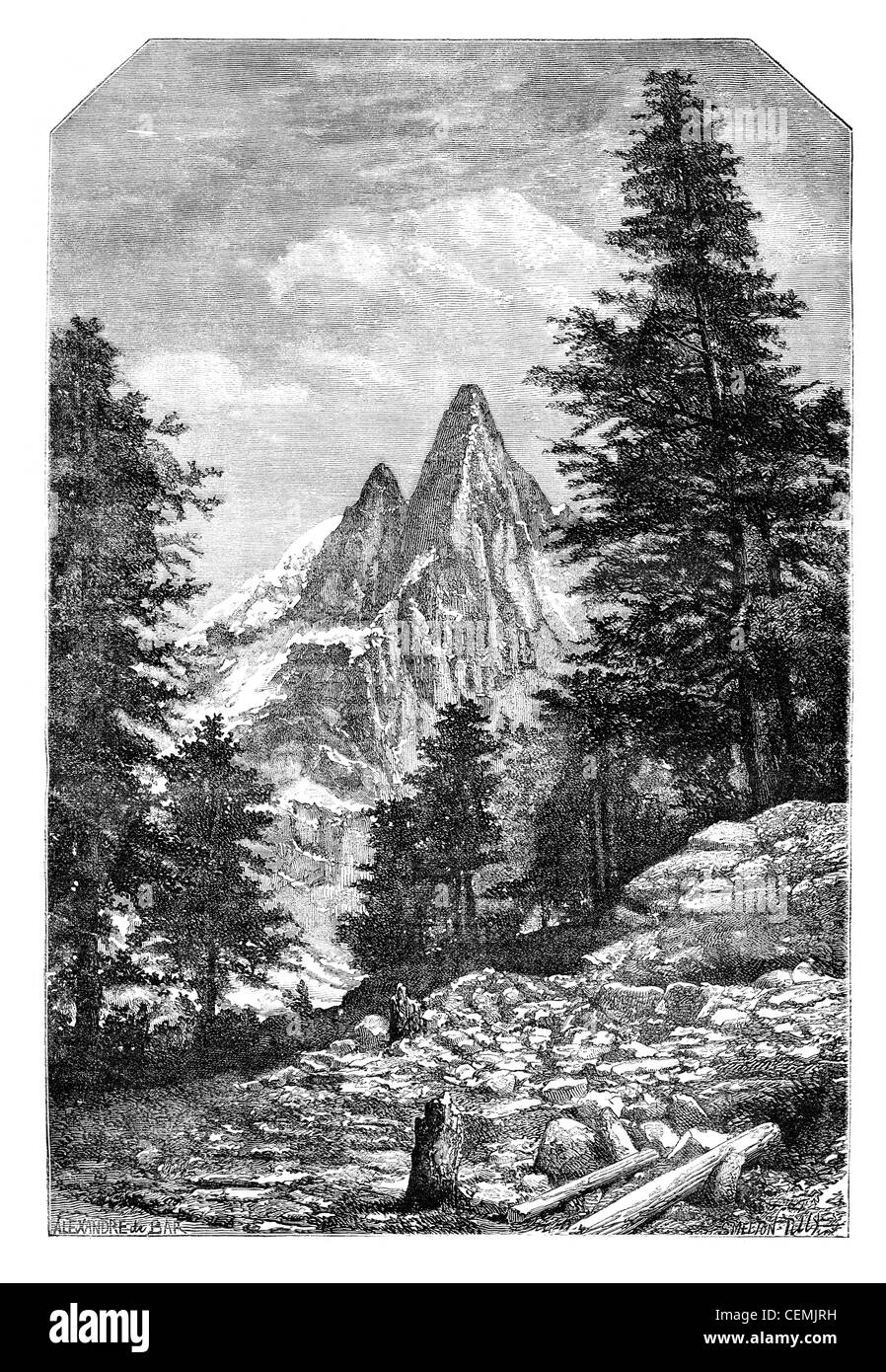 L'ago del dru e aiguille verte, di fronte montanvert .- disegno a. bar, dopo una fotografia di Mr. quetier, vintage illustrazioni incise. magasin pittoresco 1875. Foto Stock