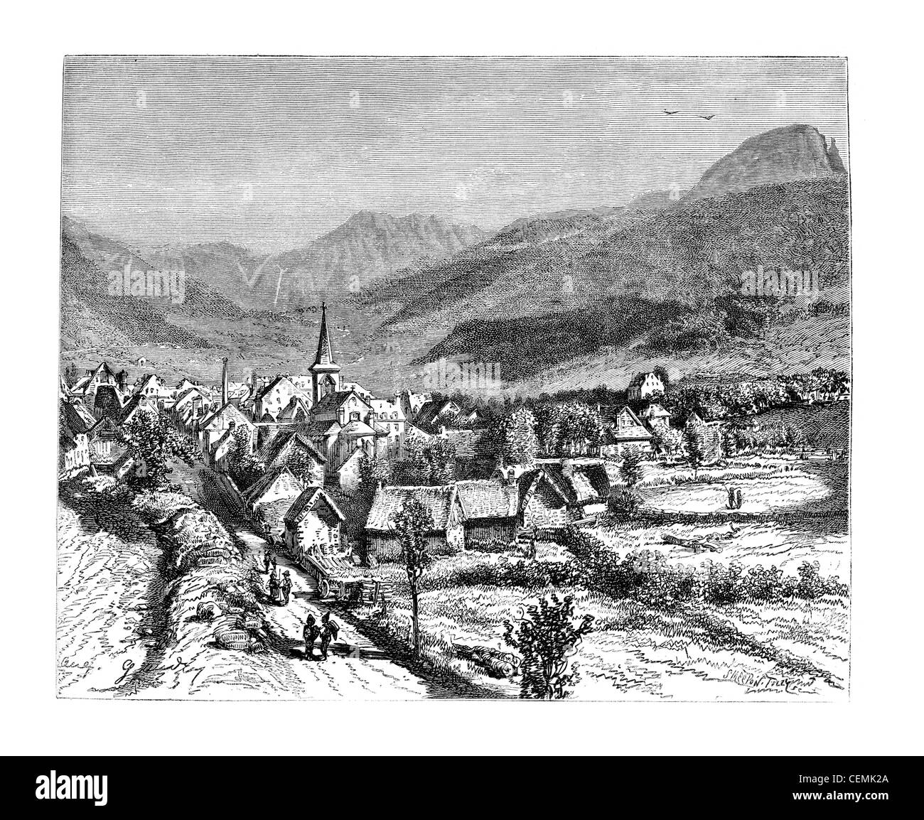 Città di Mont-Dore-les-Bains, vintage illustrazioni incise. Magasin pittoresco 1875. Foto Stock
