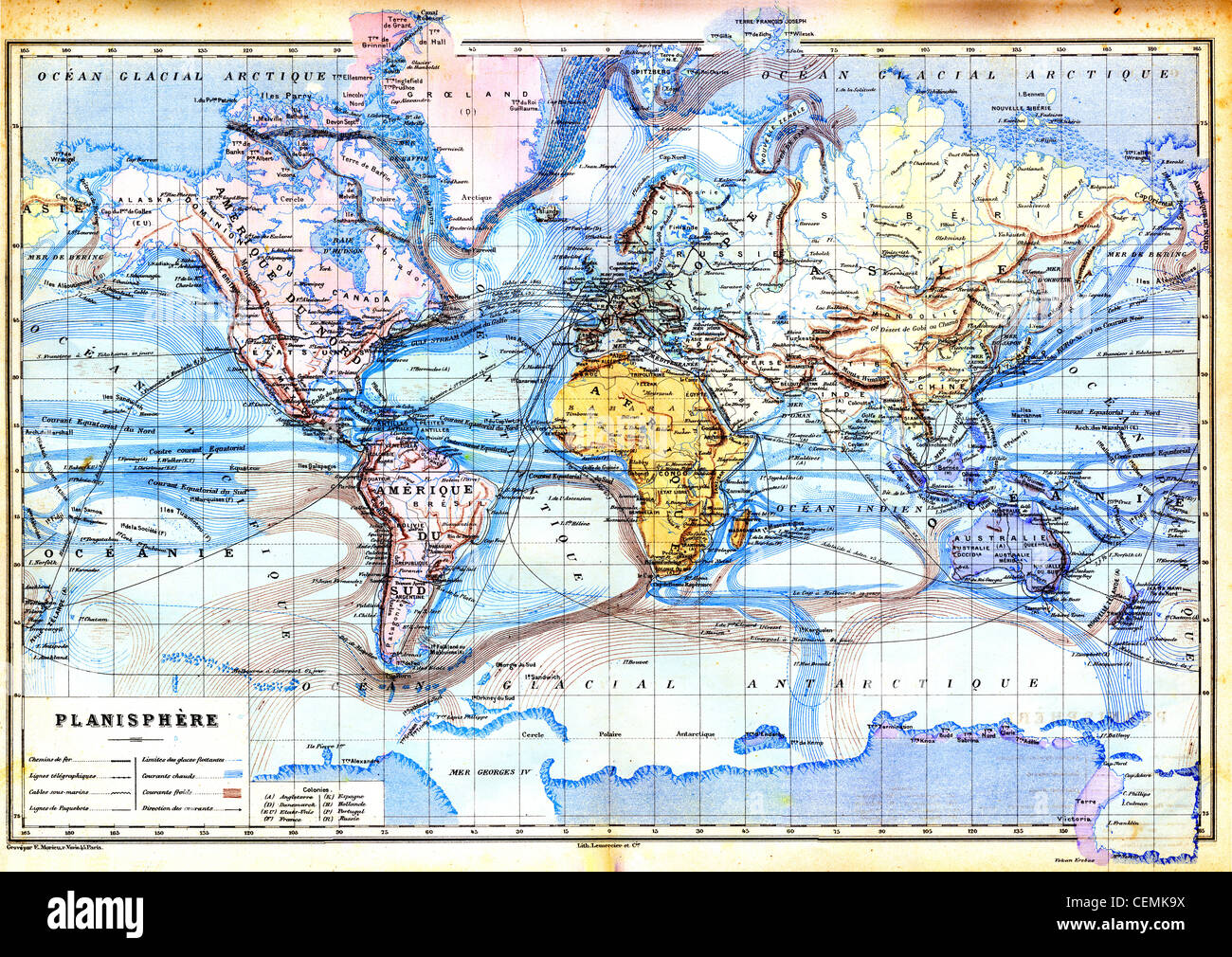 La vecchia mappa del planisfero con colori in esso. Foto Stock