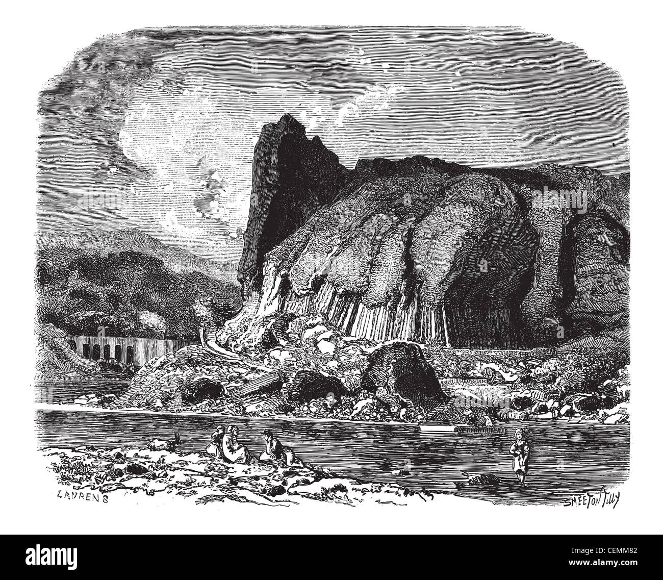 I basalti colonnari di Prades (Haute-Loire), vintage illustrazioni incise. Magasin pittoresco 1875. Foto Stock