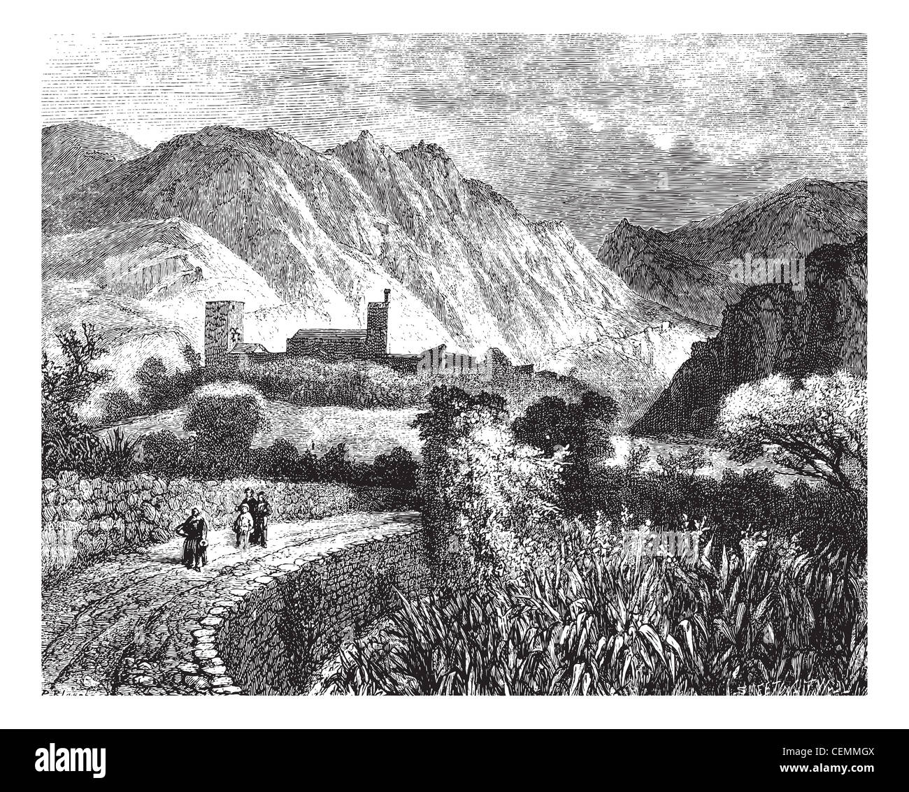 Le Vernet e il Monte Canigou; vista sul lato nord. - disegno pH. Blanchard, illustrazione vintage incisa. Magasin Pittoresque 1874. Foto Stock