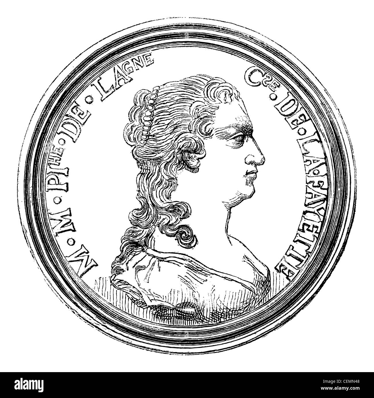 Armadio di medaglie dalla biblioteca nazionale. - Medaglia del comtesse de La Fayette, vintage illustrazioni incise. magasin pittoresco 1875. Foto Stock