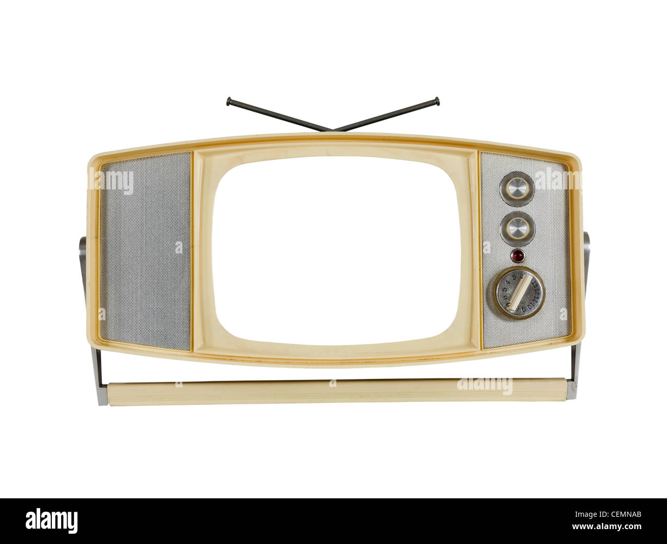 Vintage anni sessanta televisione portatile con schermo vuoto e gestire stand. Foto Stock