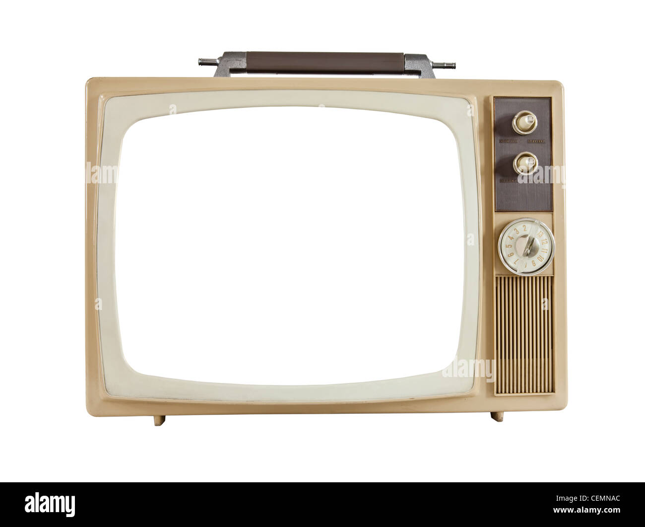 Vintage anni sessanta televisione portatile con taglio fuori schermo, isolato su bianco. Foto Stock