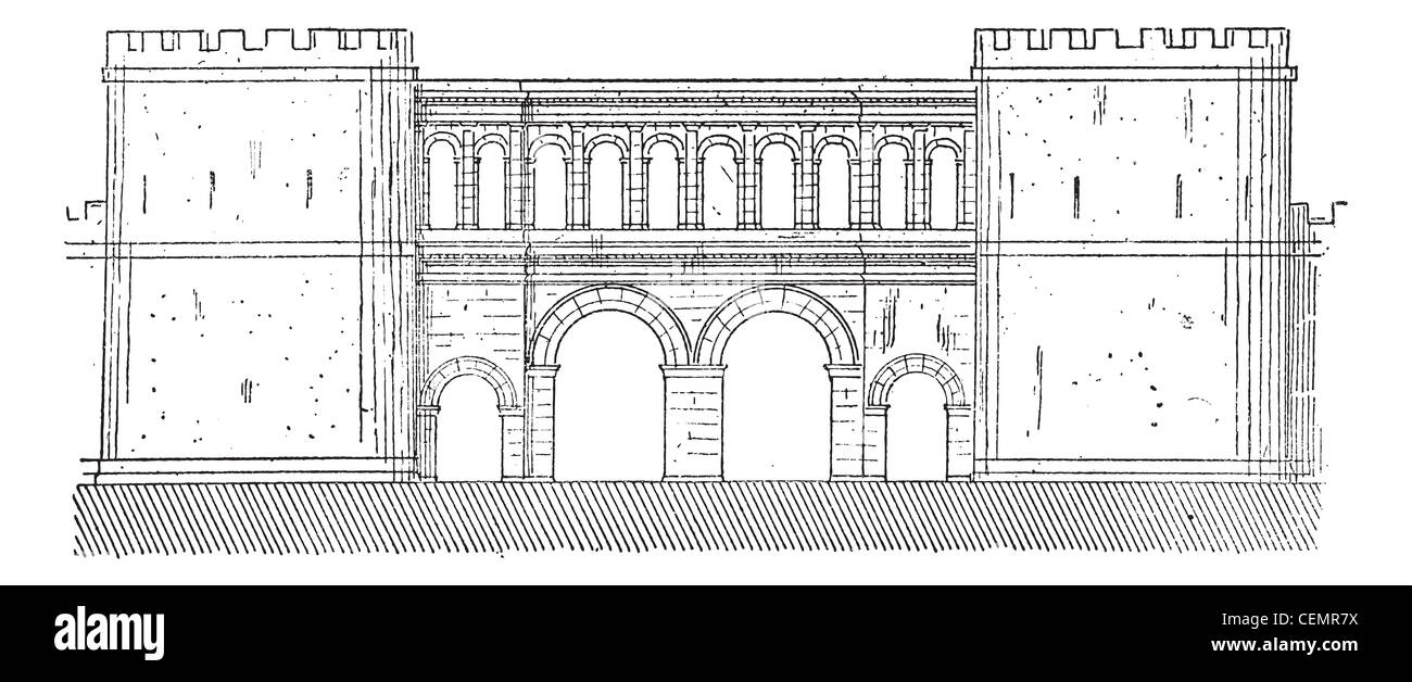 Vecchie illustrazioni incise del cancello di Saône-et-Loire in Autun, Francia. dizionario di parole e le cose - larive e fleury ? 1895 Foto Stock