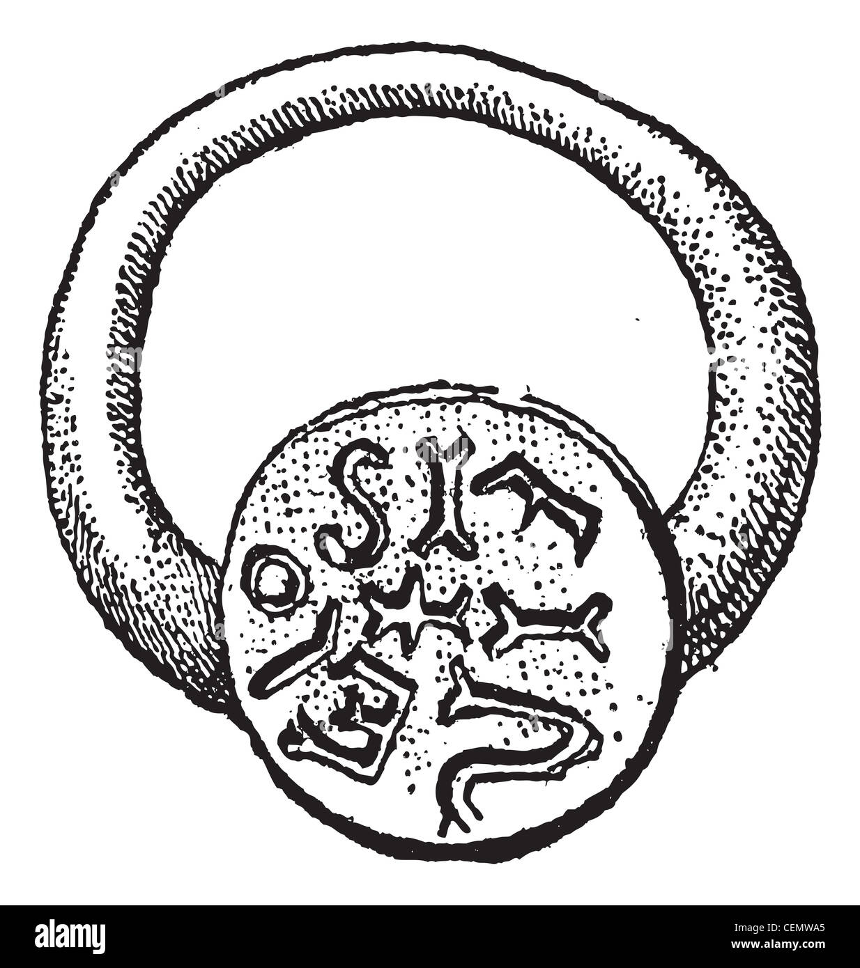 Guarnizione, vintage illustrazioni incise. signet anello con croce di estremità nel centro. dizionario di parole e le cose - larive e fleury - 1895. Foto Stock