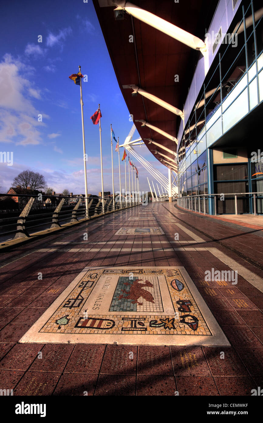 Cardiff Millenium Rugby Stadium, Città del Galles, UK Ampio angolo di vista che mostra il team gallese mosaico sul pavimento, cieli blu. Foto Stock