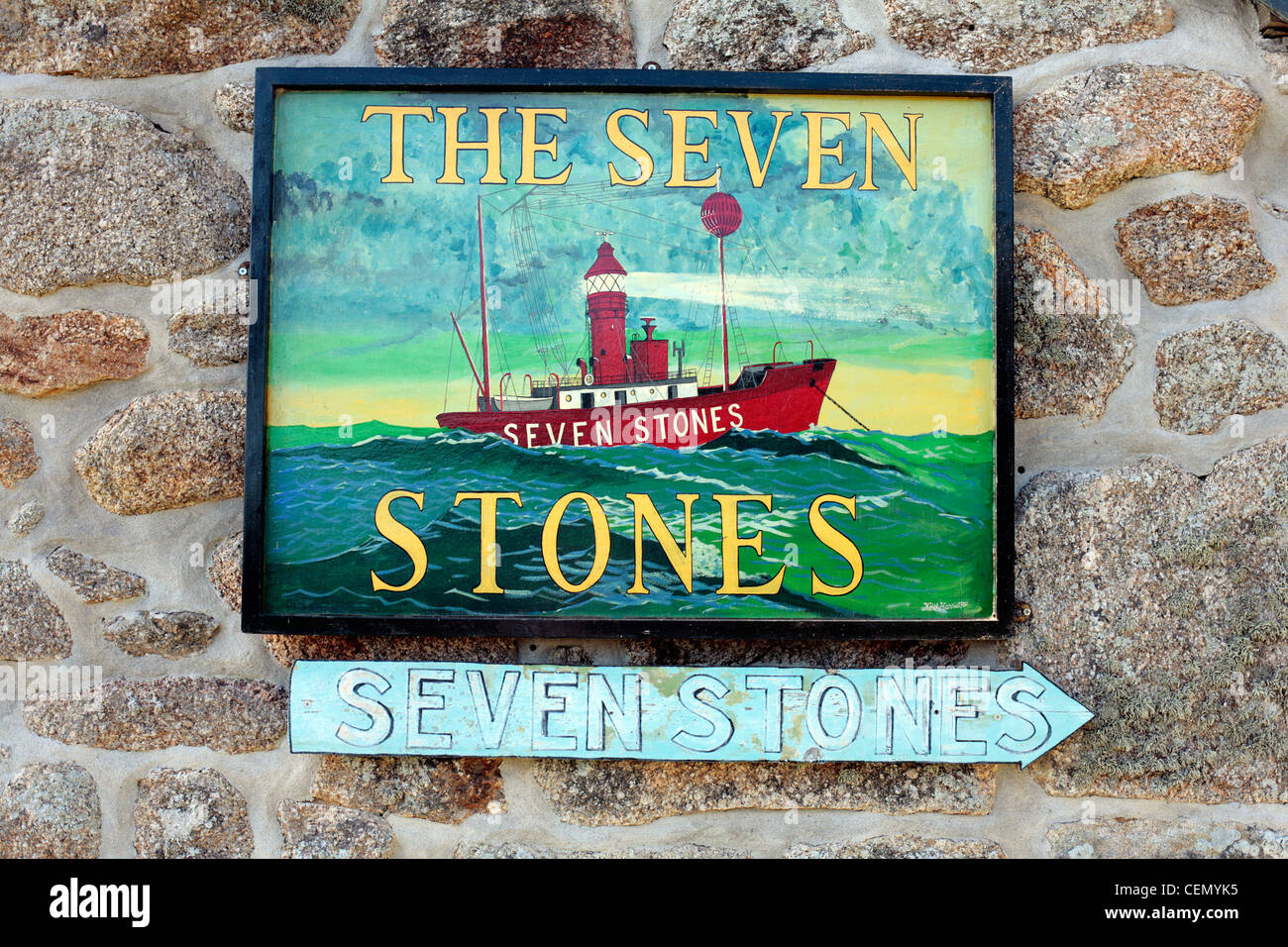 Segno per "i sette pietre' il pub su St Martins, isole Scilly, UK. Foto Stock