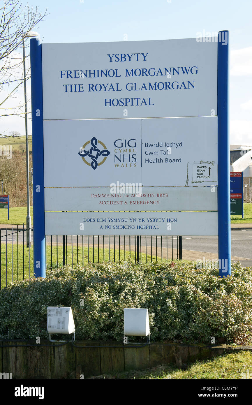 Royal Glamorgan Ospedale segno, Llantrisant, nel Galles del Sud, Regno Unito Foto Stock
