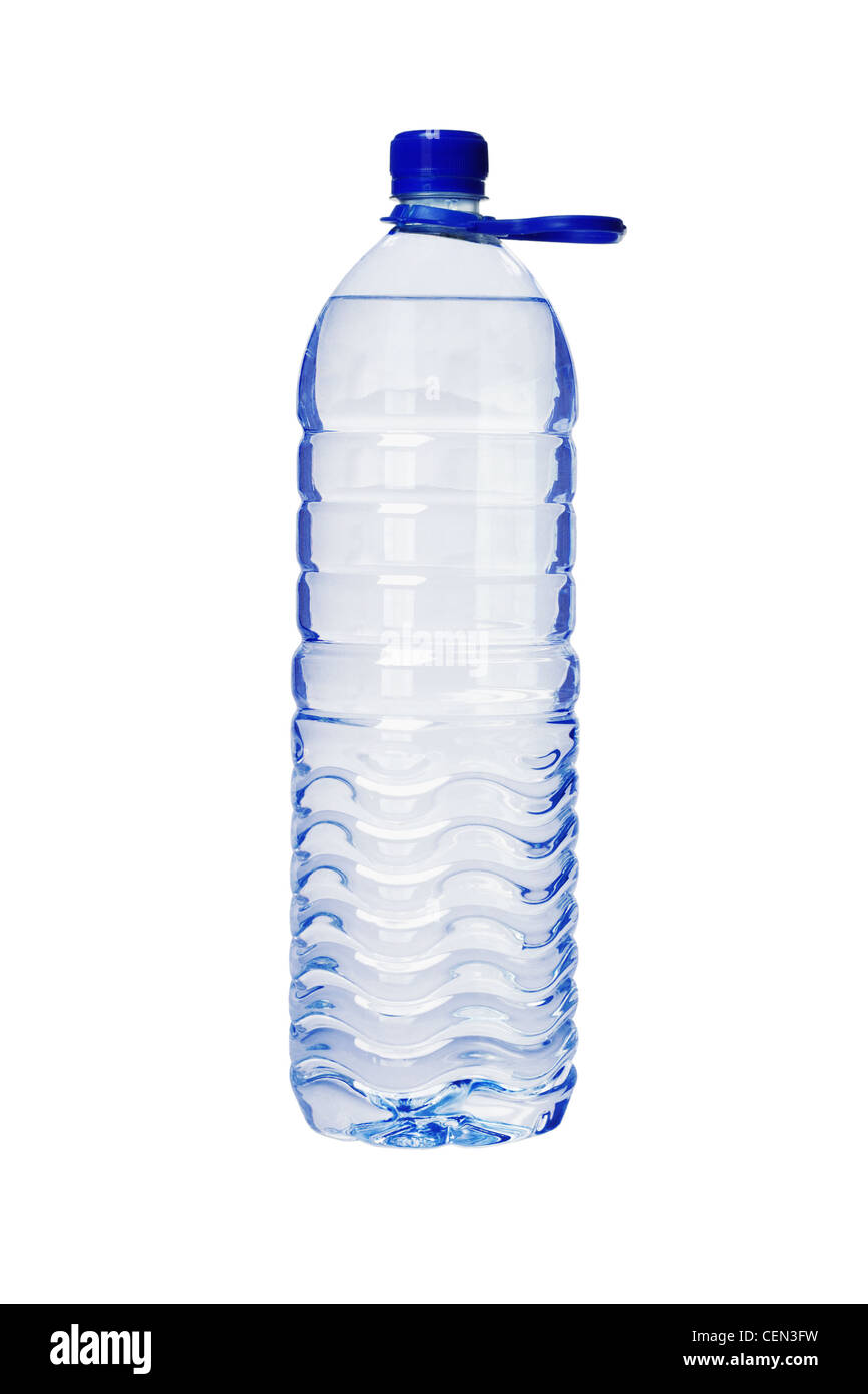 Bottiglia di plastica di acqua con maniglia su sfondo bianco Foto Stock