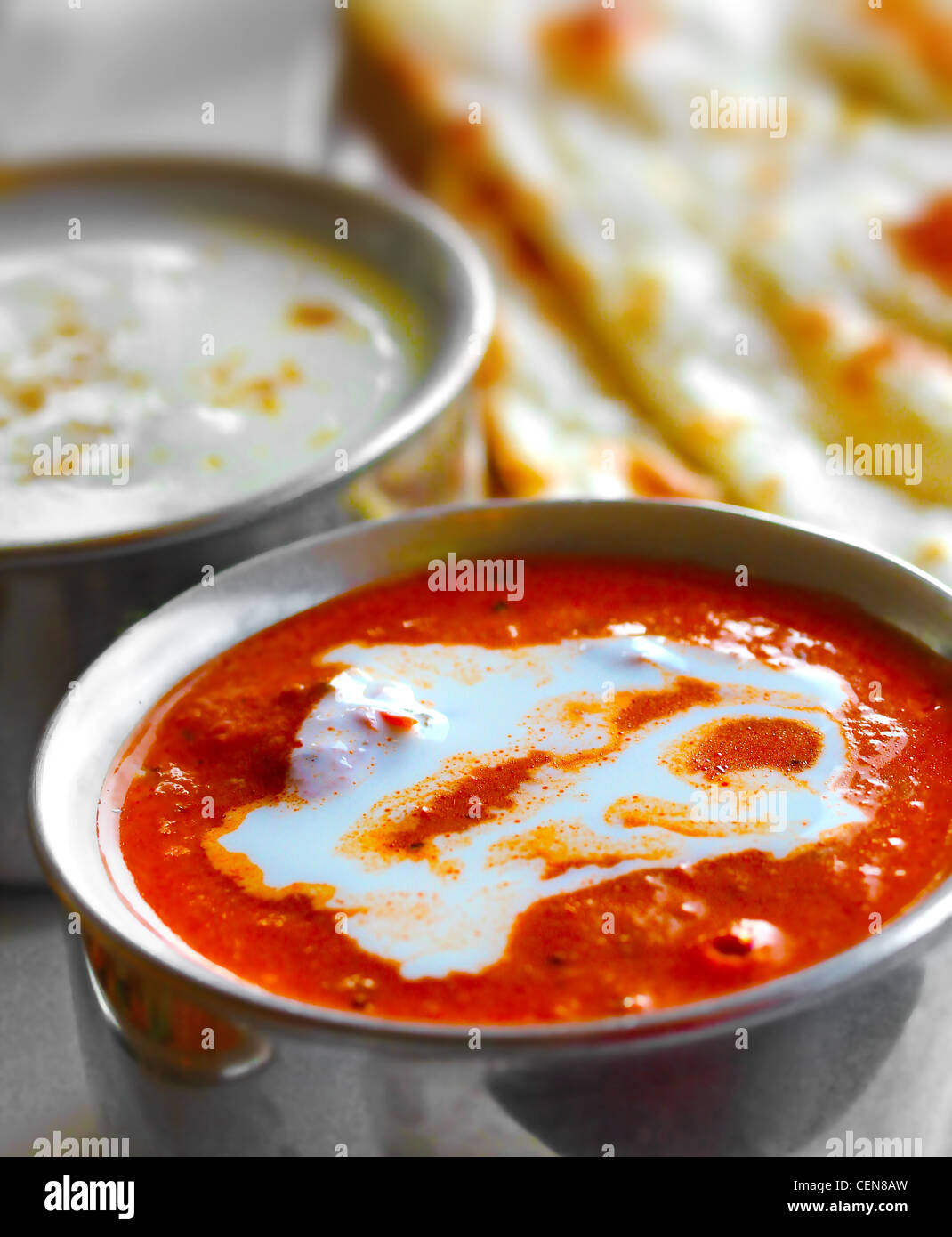 Il curry indiano, raitha e roti closeup photo Foto Stock