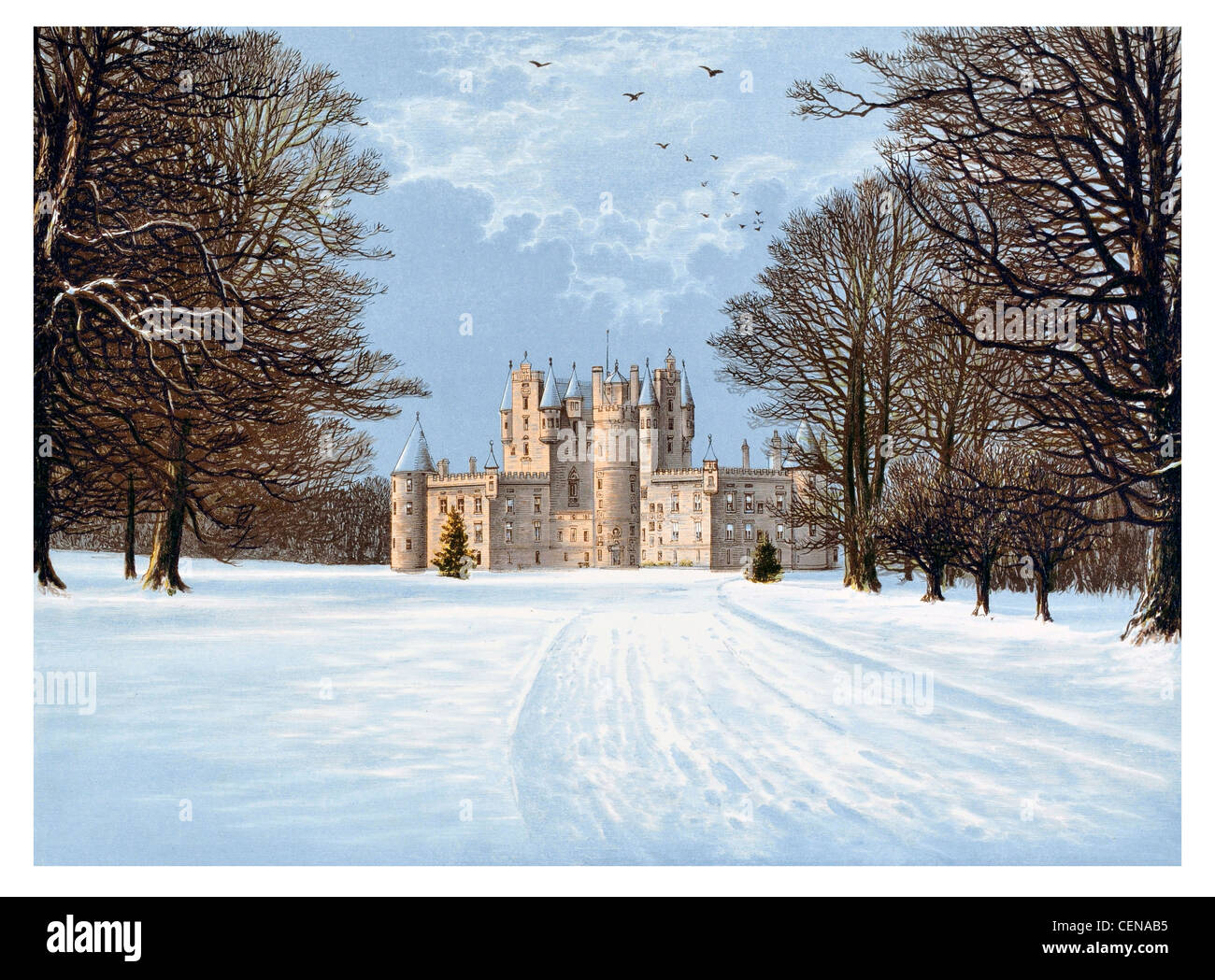 Glamis Castle Angus Scozia UK Lyon elencato la costruzione del parco neve invernale Foto Stock