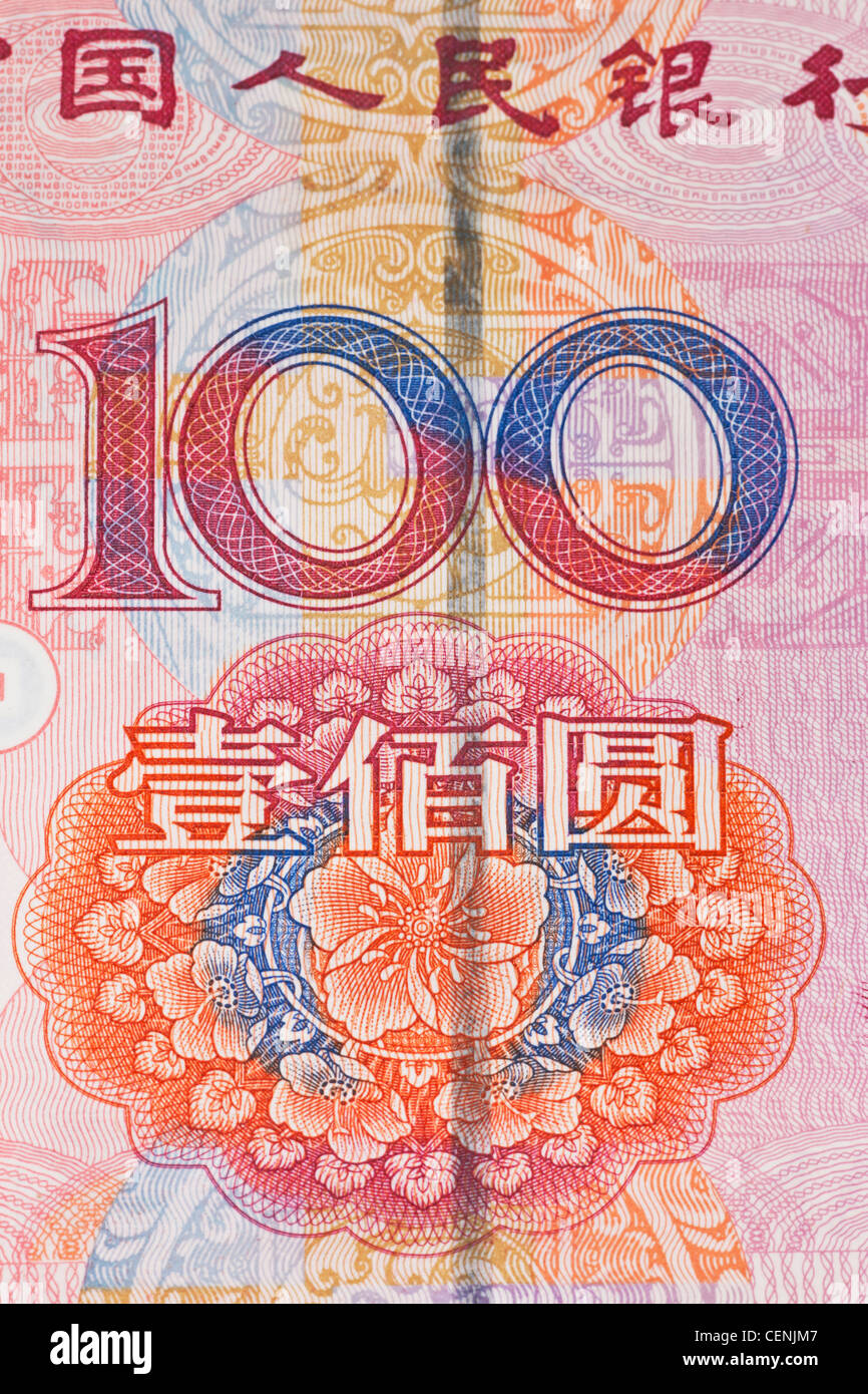 Dettaglio foto di un cinese 100 Yuan bill. Il renminbi, la valuta cinese, è stato introdotto nel 1949 Foto Stock