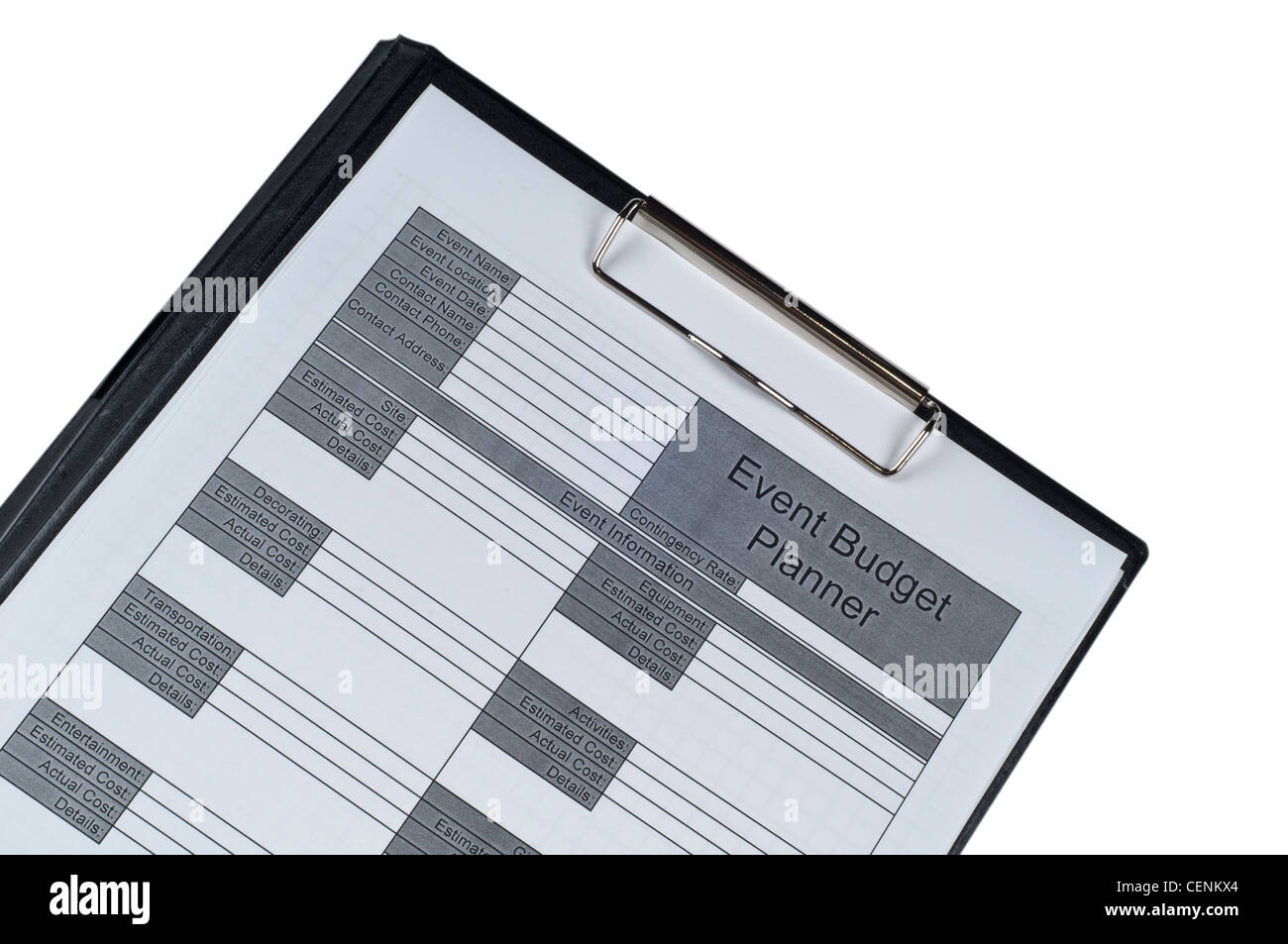 Foglio di pianificazione del budget dell'evento su una clipboard, che rappresenta la gestione finanziaria, la contabilità, l'organizzazione dell'evento e la pianificazione dei costi per professionisti o p Foto Stock