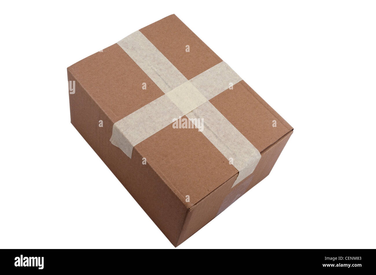Scatola di cartone sigillata con nastro - concetto di spedizione e imballaggio su sfondo bianco Foto Stock