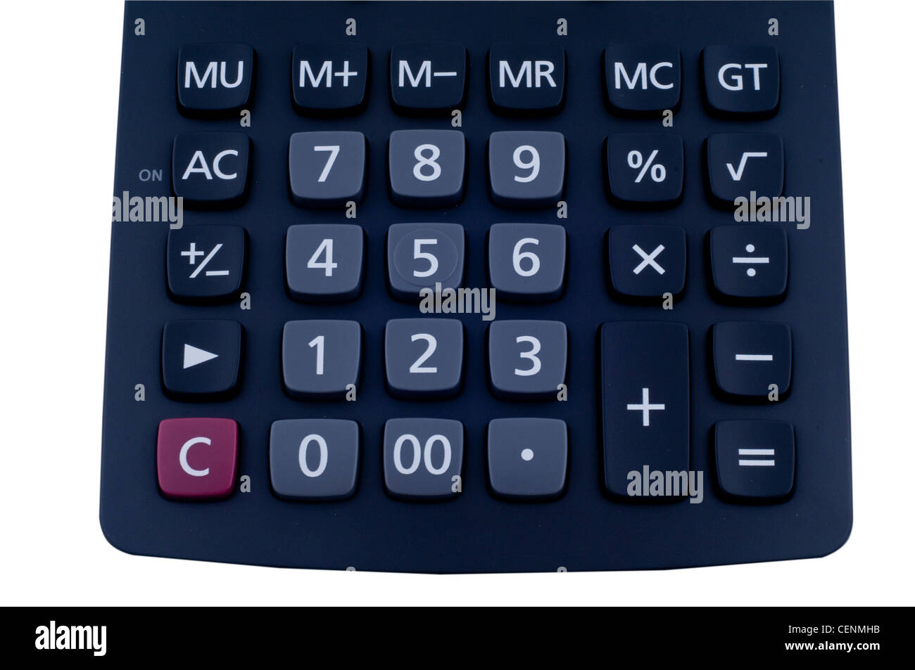 Vista ravvicinata di una calcolatrice nera con tasti numerici e funzione. Utile per i concetti relativi a finanza, contabilità e analisi aziendale. Foto Stock