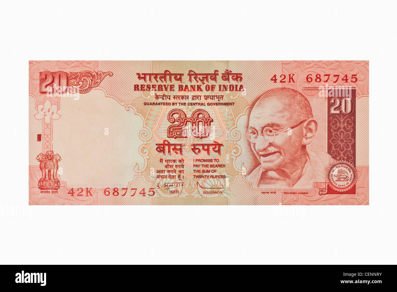Indian 20 rupee bill con il ritratto del Mahatma Gandhi. India, Asia Foto Stock