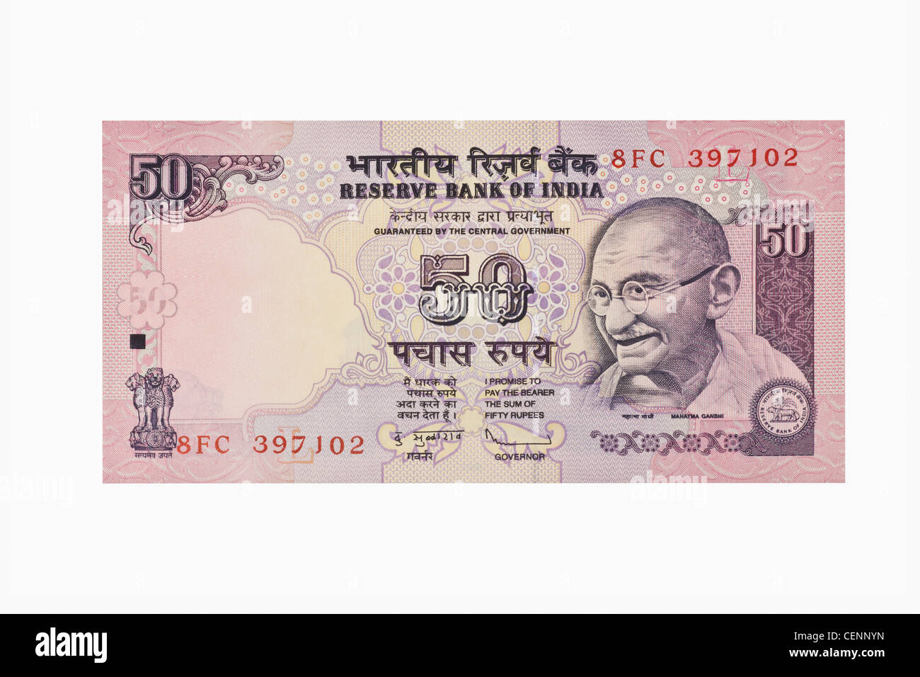 Indian 50 rupee bill con il ritratto del Mahatma Gandhi. India, Asia Foto Stock