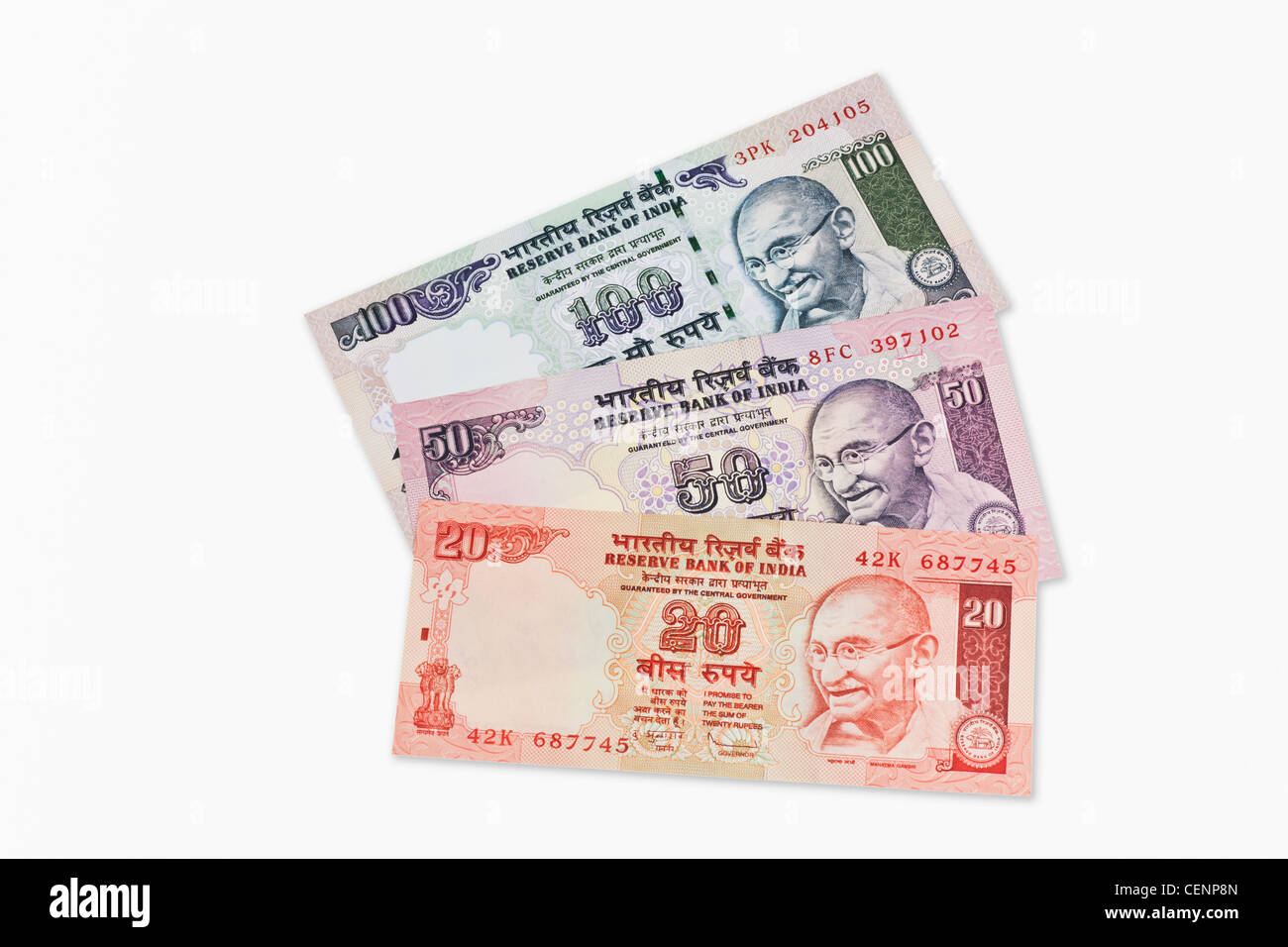 20, 50 e 100 rupia indiana fatture con il ritratto del Mahatma Gandhi, India, Asia Foto Stock