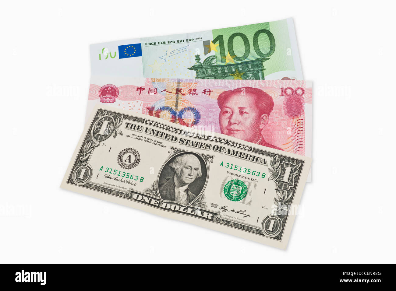 Tre cambiali del valore di 100 Euro, 100 yuan cinese e 1 U.S. Dollar giacciono affiancati. Foto Stock