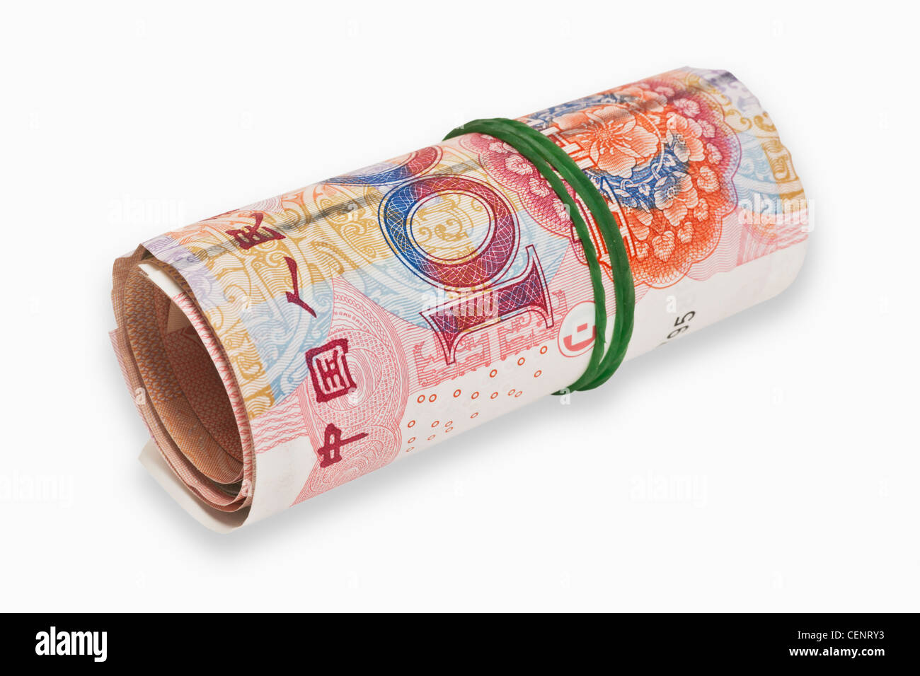 Molti 100 Yuan bollette, arrotolate e tenute insieme da una gomma. Il renminbi, la valuta cinese, è stato introdotto nel 1949. Foto Stock
