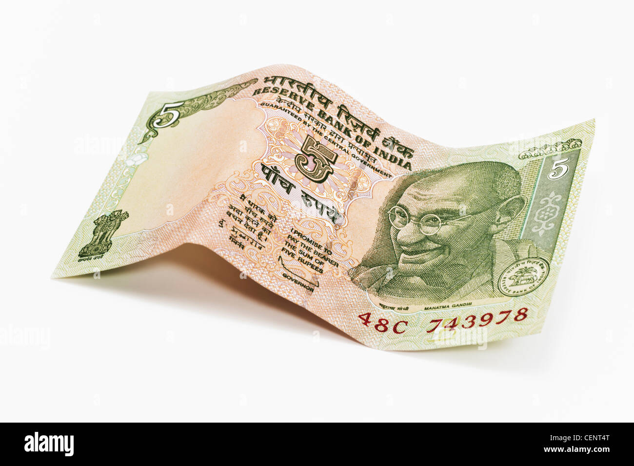 Indian 5 rupee bill con il ritratto del Mahatma Gandhi. India, Asia Foto Stock