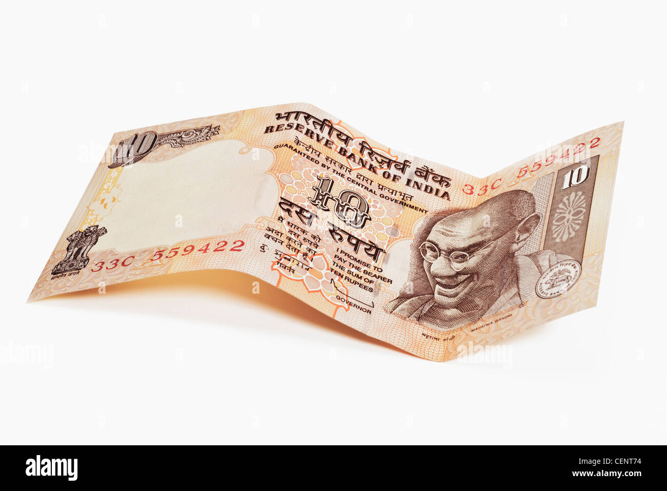Indian 10 rupee bill con il ritratto del Mahatma Gandhi. India, Asia Foto Stock