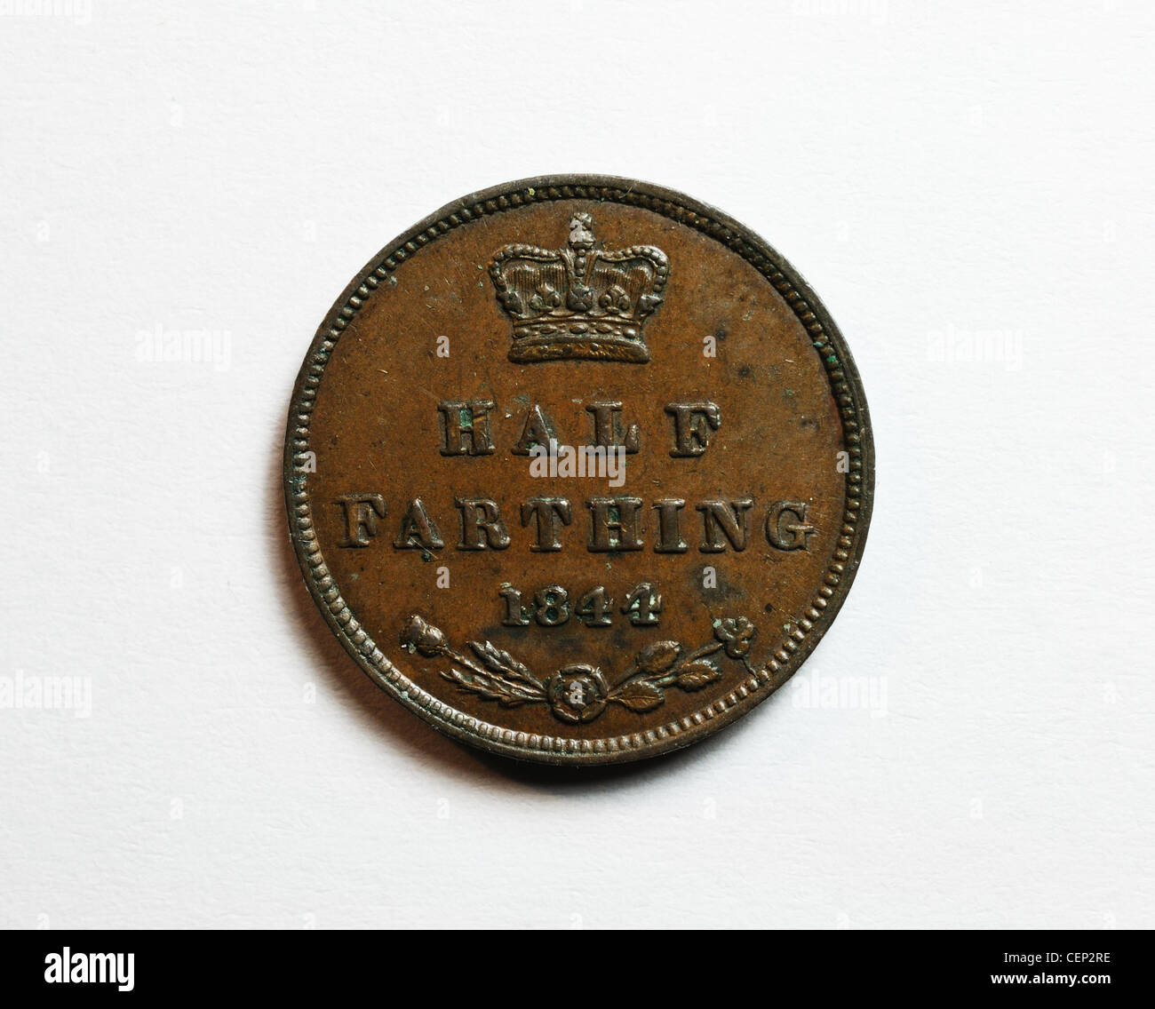 Retro di un British 1844 Victoria 'Half Farthing', la Gran Bretagna è sempre più piccola unità di corso legale. Foto Stock