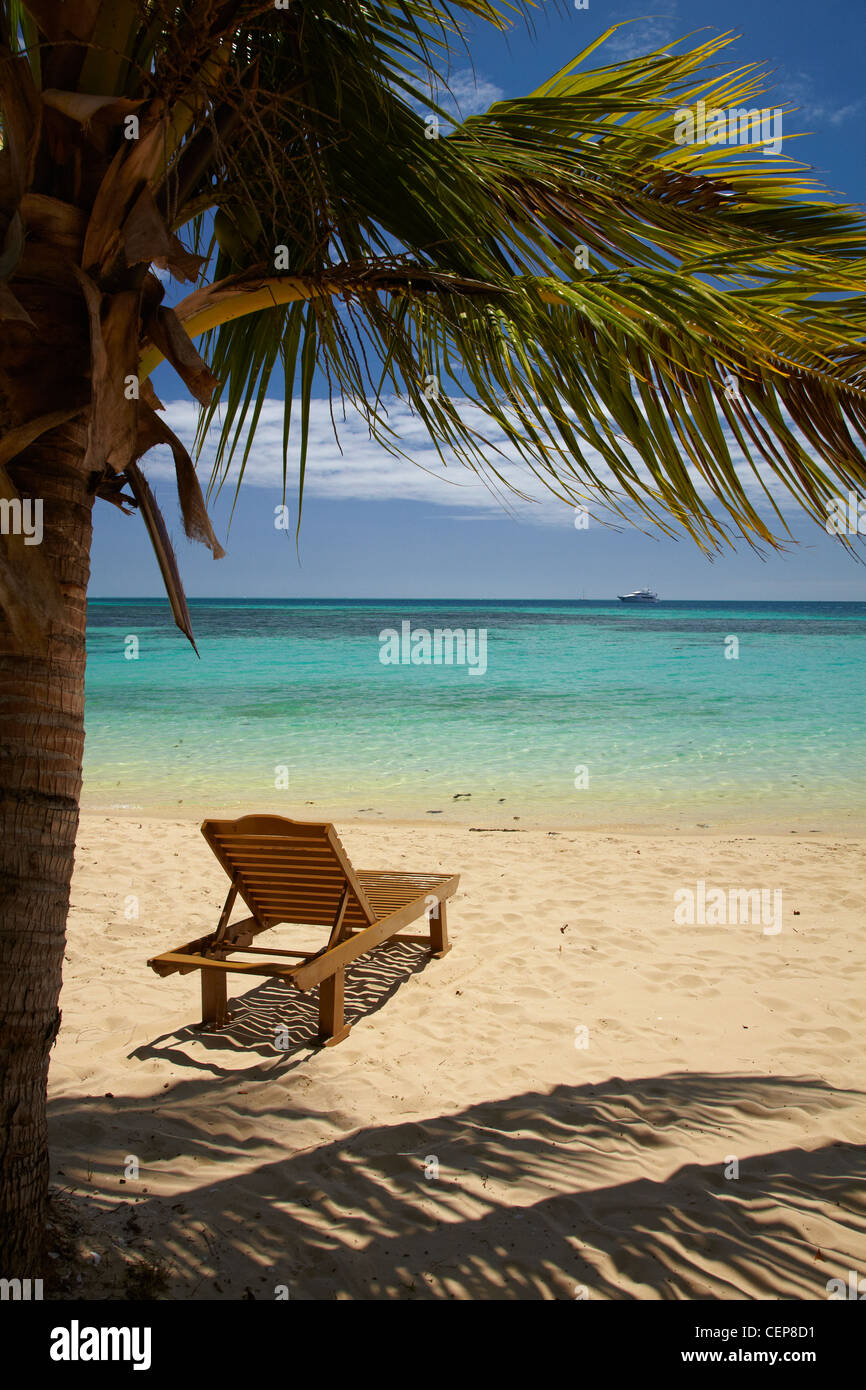 Spiaggia, palme e sdraio, Plantation Island Resort, Malolo Lailai Island, Isole della Mamanuca, Figi e Sud Pacifico Foto Stock