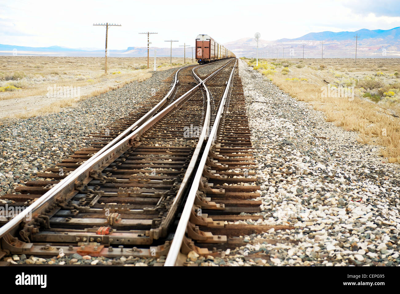 Treno merci sulle vie, in prossimità del bordo del Black Rock Desert, NW Nevada, USA Foto Stock