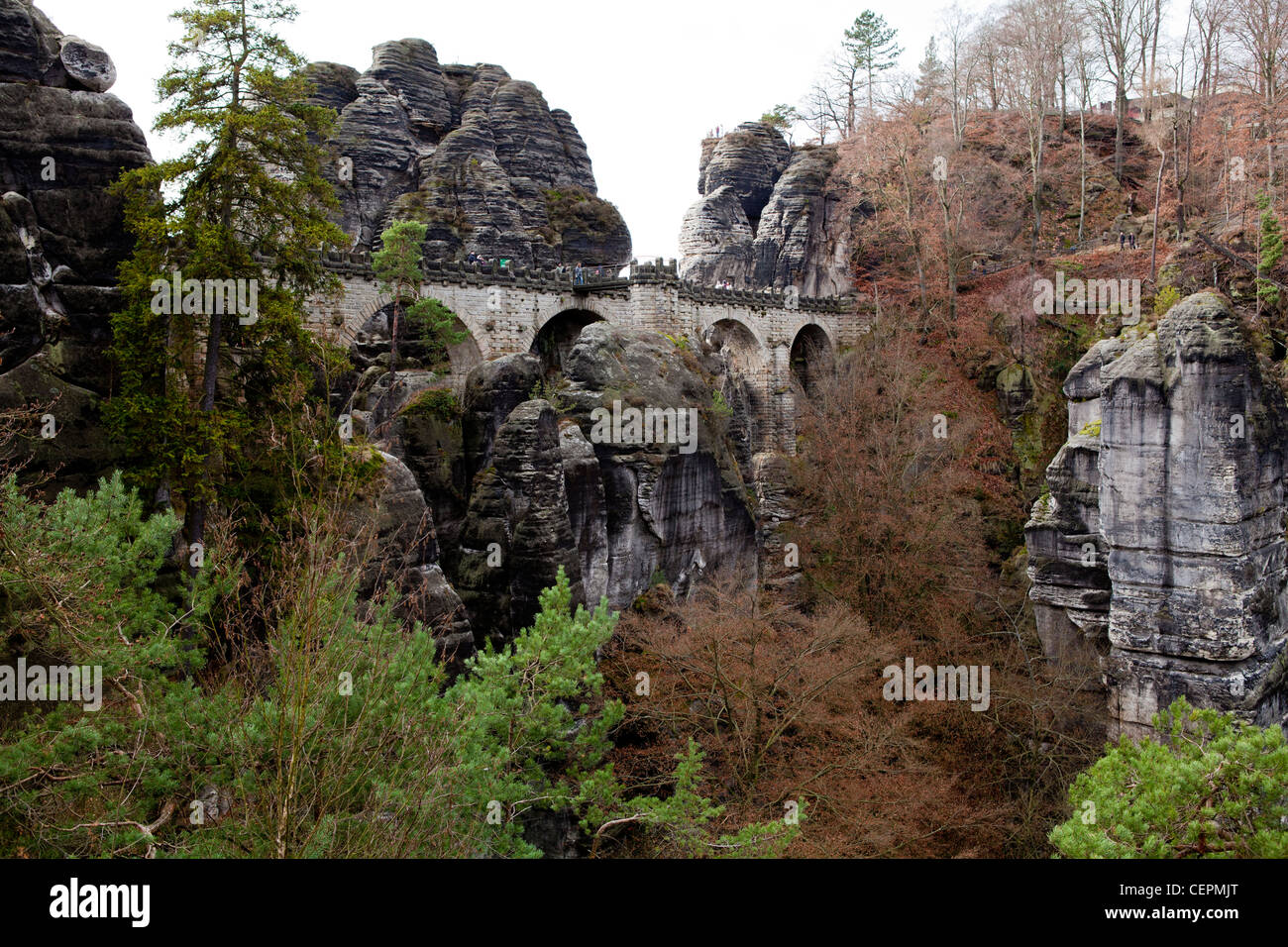 Vista della Bastei, Bastei-Brücke, formazioni rocciose dell'Elba montagne di arenaria di Germania Foto Stock