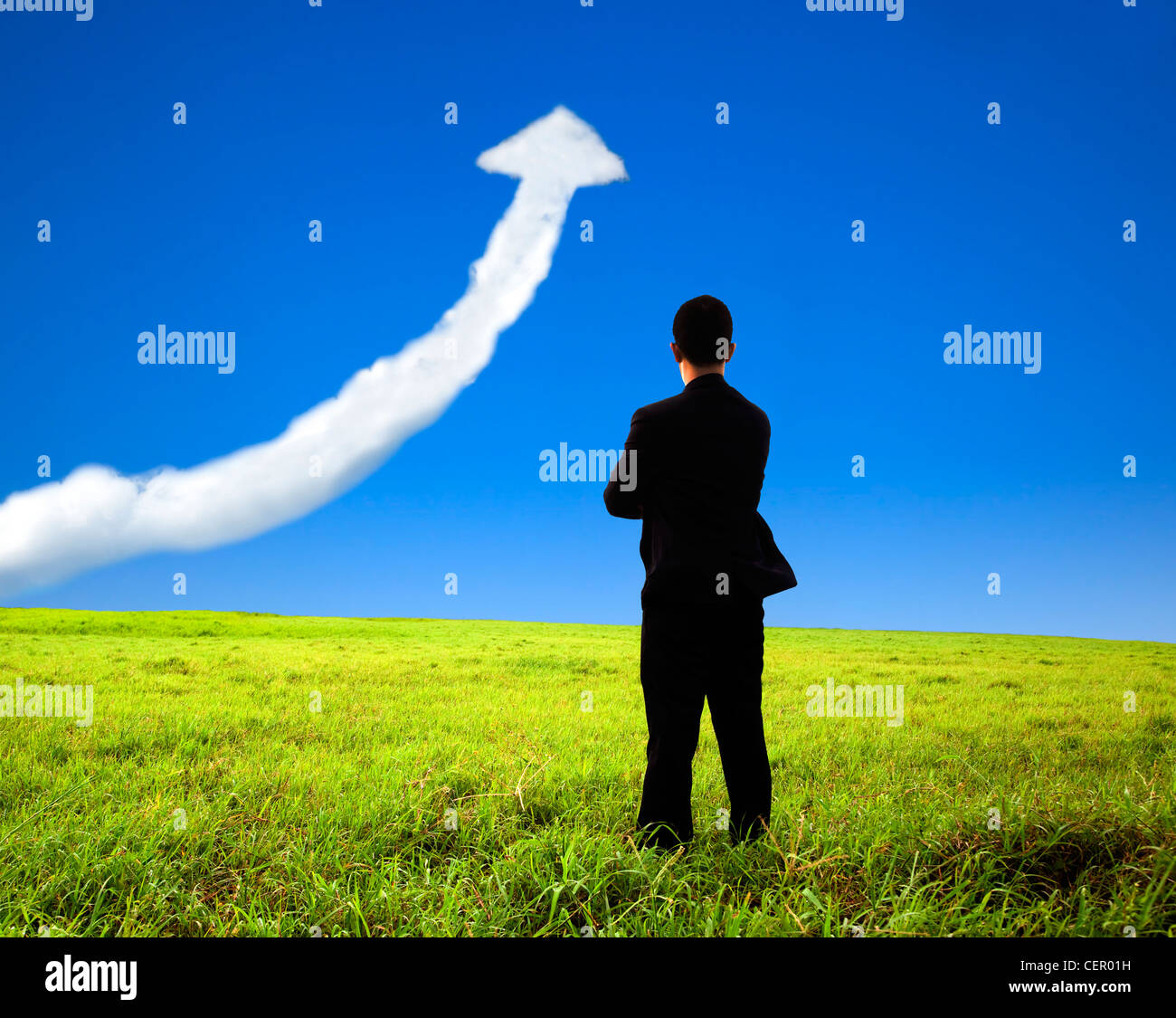 Business man supporto sul campo e guarda il grafico della crescita del cloud Foto Stock