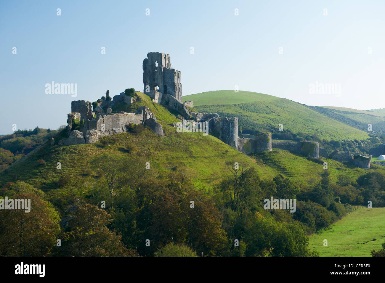 Le rovine del XI secolo Corfe Castle nel Purbeck Hills. Foto Stock