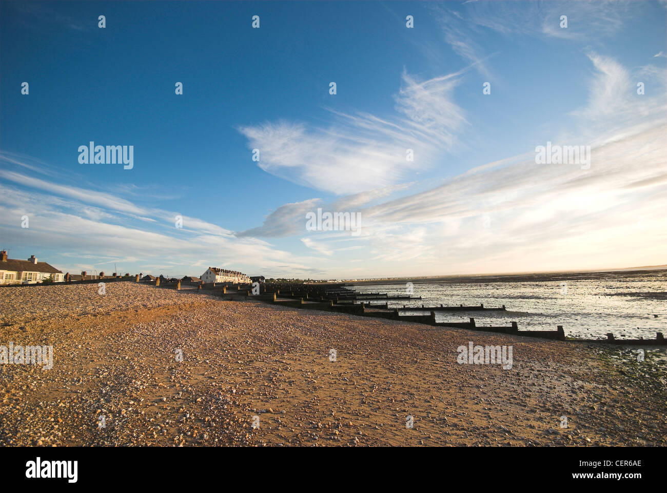 Una vista lungo la spiaggia a Whitstable in Kent. Foto Stock