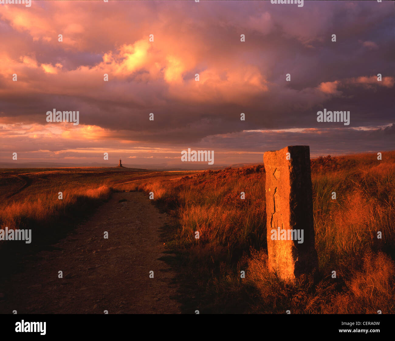 Marcatore di pietra posti utilizzati per mostrare la via per il Giubileo Torre a Darwen Moor. La torre fu costruita per celebrare sia la regina Victoria's Foto Stock
