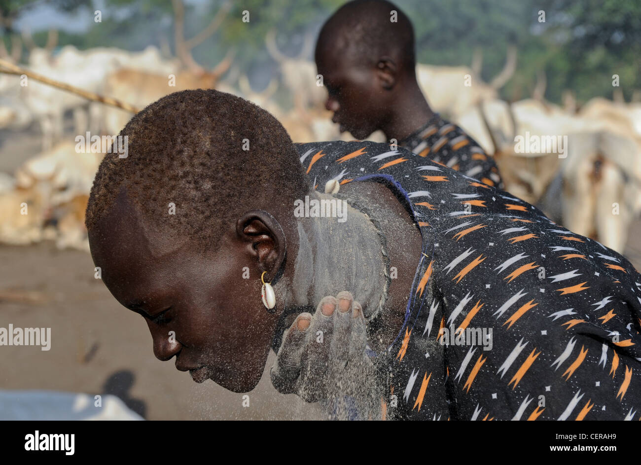 SUDAN MERIDIONALE, regione di Bahr al Ghazal, Stato dei Laghi, tribù Dinka con mucche Zebu nel campo di bestiame vicino a Rumbek, la gente applica cenere diffamata in faccia Foto Stock