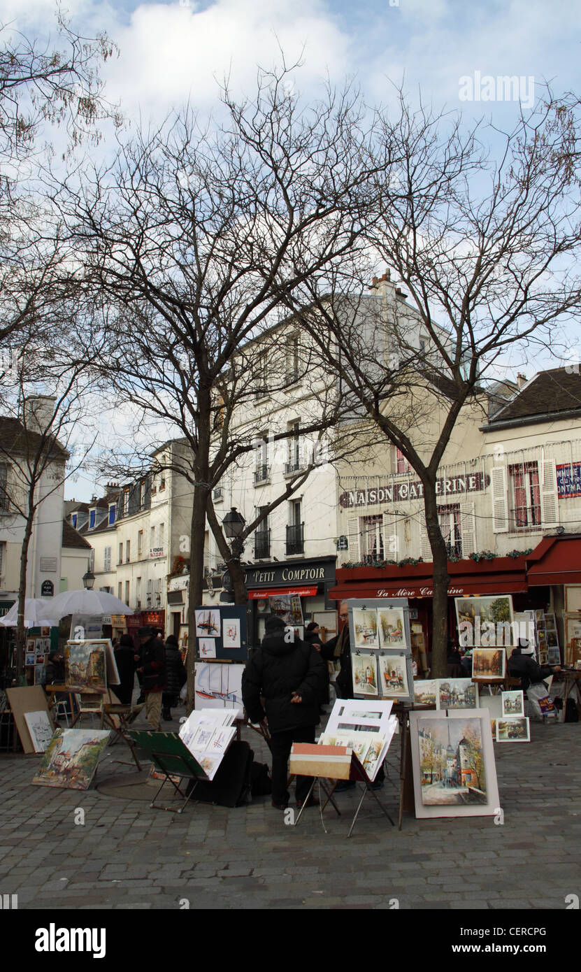 Place du Tertre, artisti Montmartre, Parigi, Francia Foto Stock