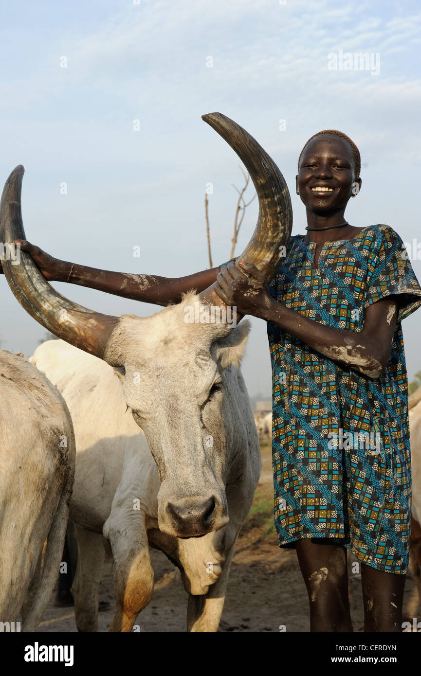 SUDAN MERIDIONALE, regione di Bahr al Ghazal, Stato dei Laghi, tribù Dinka con mucche Zebu nel campo di bestiame vicino a Rumbek, giovane pastore pulisce il corno di bue con cenere Foto Stock